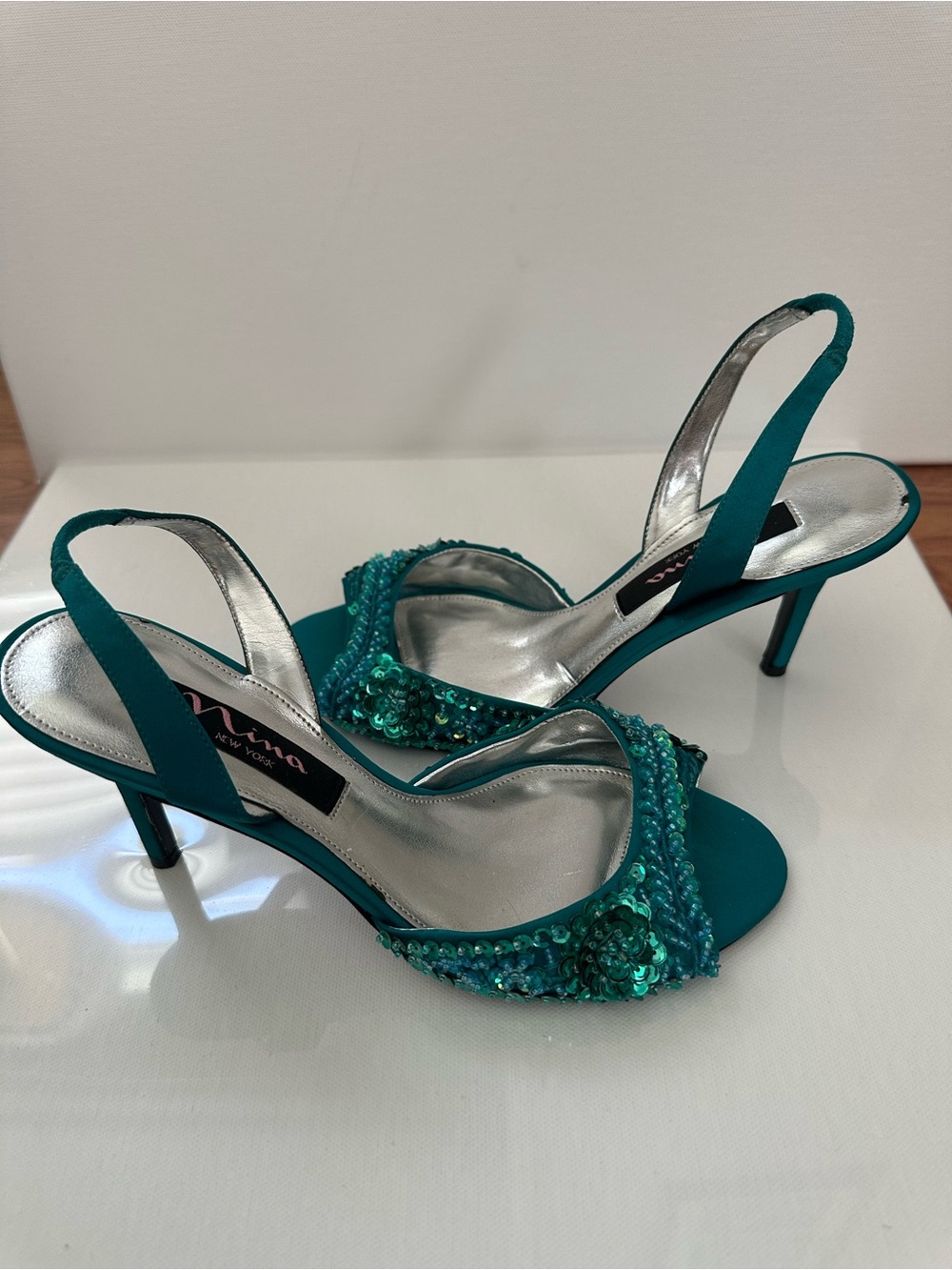 Nina Teal Jeweled Slingback Heels
